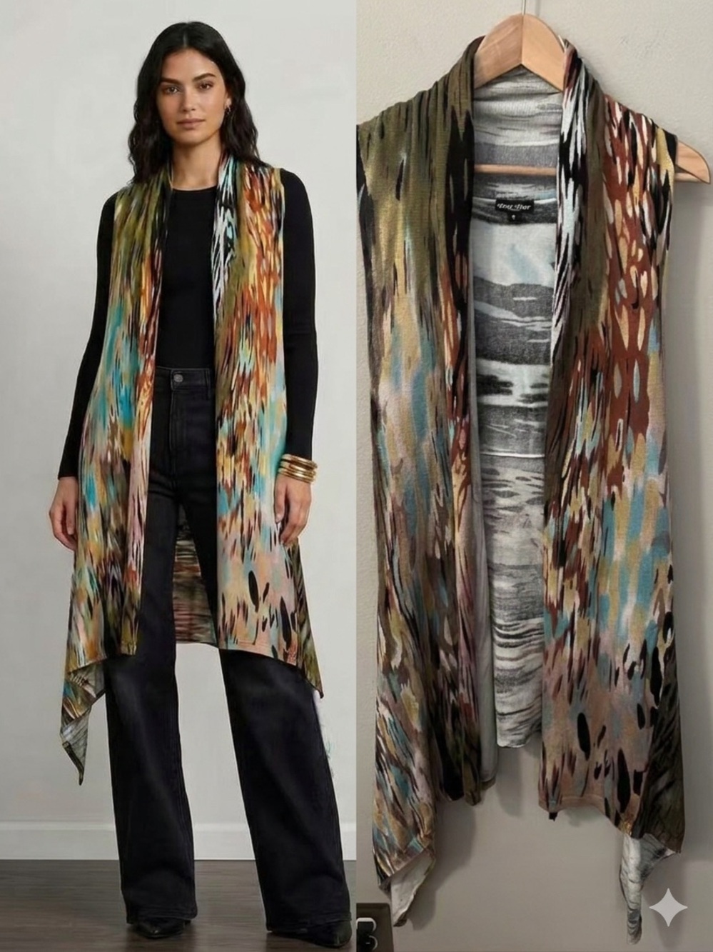 Sleeveless Duster Vest - Black, Brown & Green Abstract Print • Small • EUC